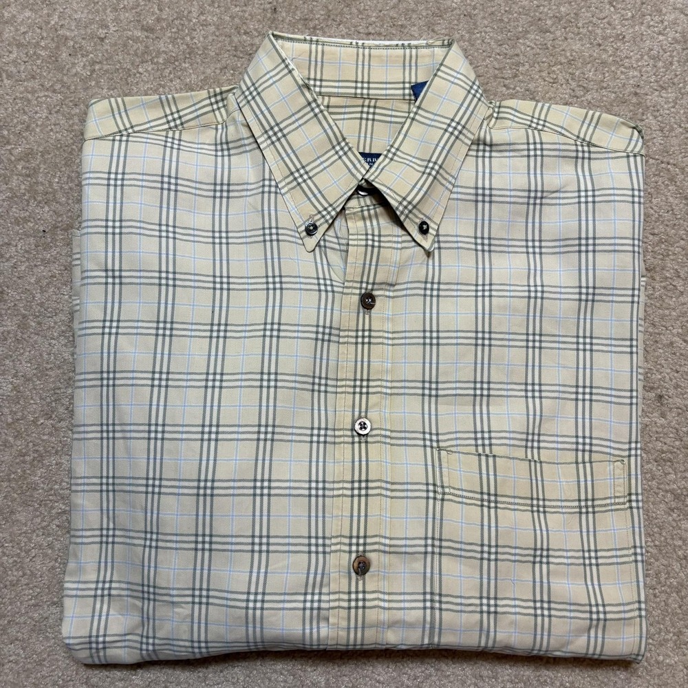 Burberry London Shirt Mens Medium Beige Plaid Twill Button Down LS USA Distress - Picture 14 of 16